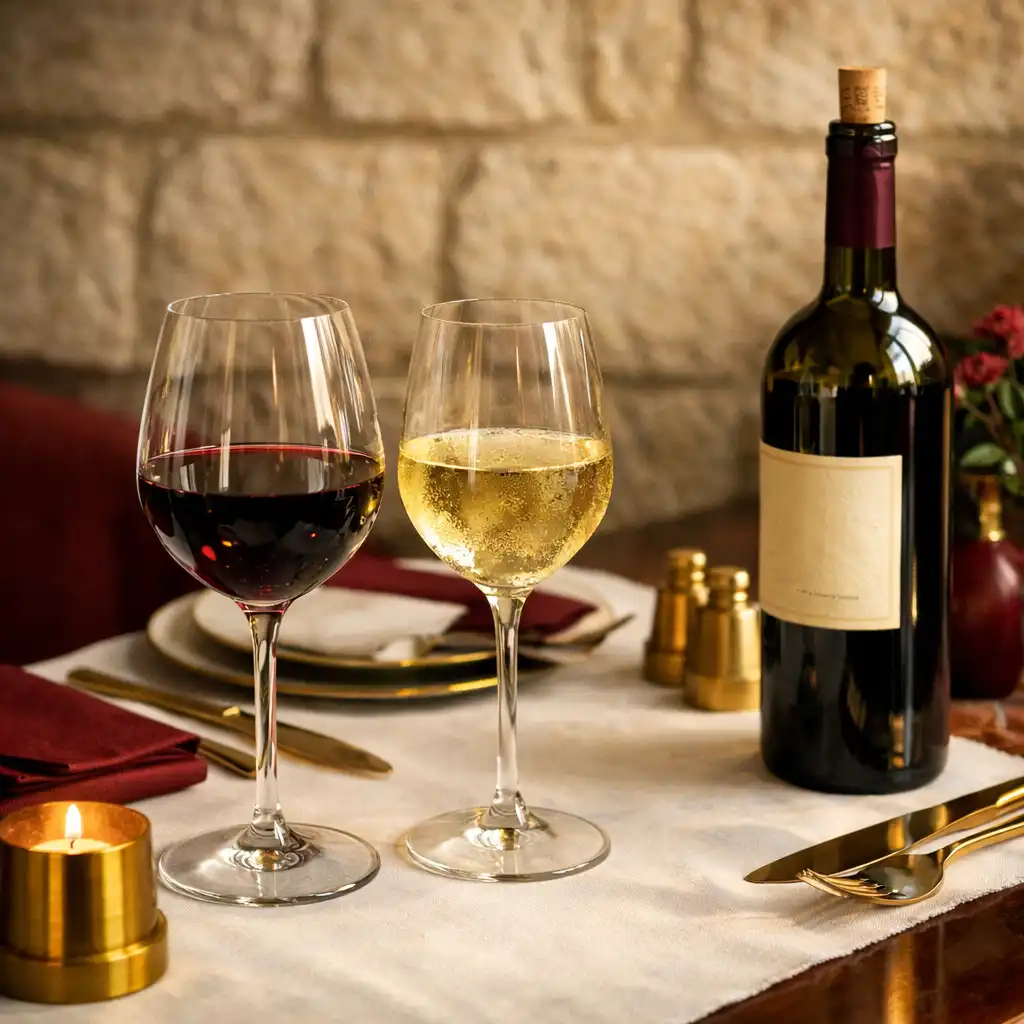 Table élégante avec verres de vin rouge et blanc, bouteille ouverte