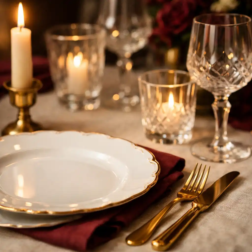 Gros plan sur une table dressée avec porcelaine fine, couverts en laiton et bougie