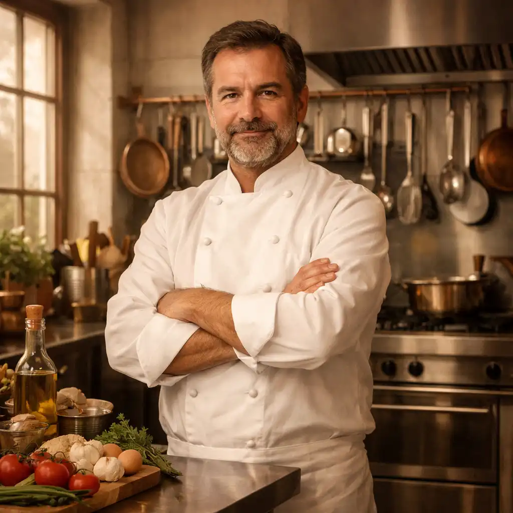 Portrait du chef Émile Moreau dans sa cuisine professionnelle, vêtu d'une veste blanche, les bras croisés