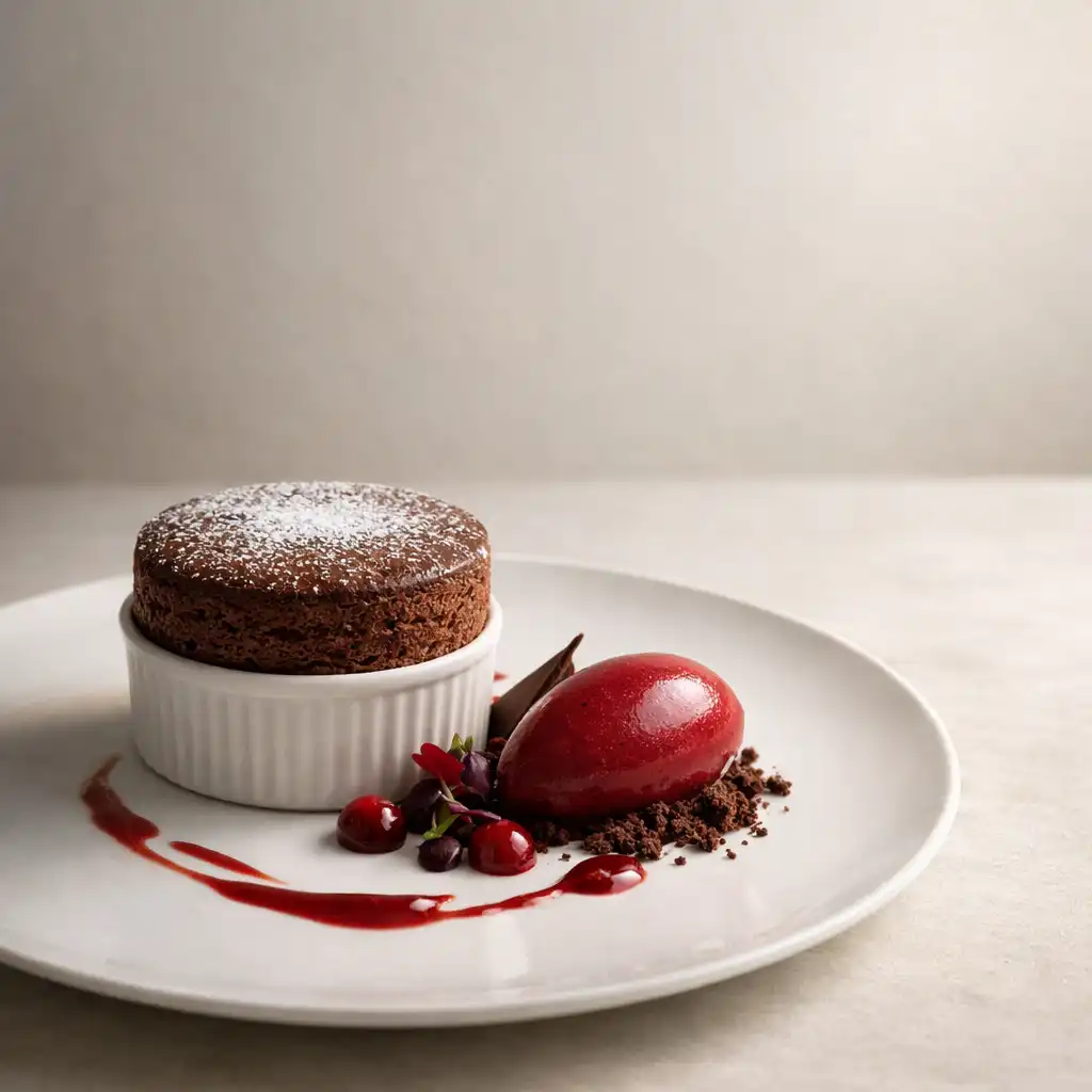 Dessert gastronomique artistique présenté sur une assiette en porcelaine