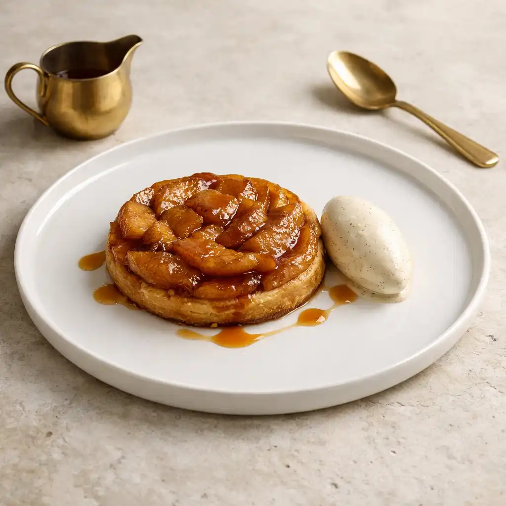Dessert de saison : tarte aux pommes caramélisées avec glace à la vanille