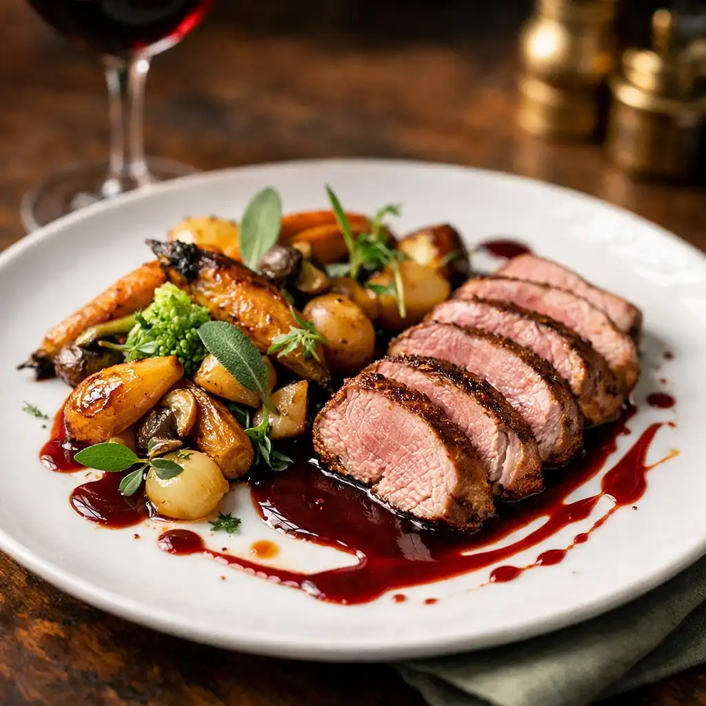 Plat gastronomique français en gros plan sur une assiette en porcelaine
