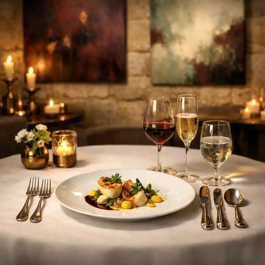 Table gastronomique dressée avec élégance dans une salle aux murs en pierre calcaire