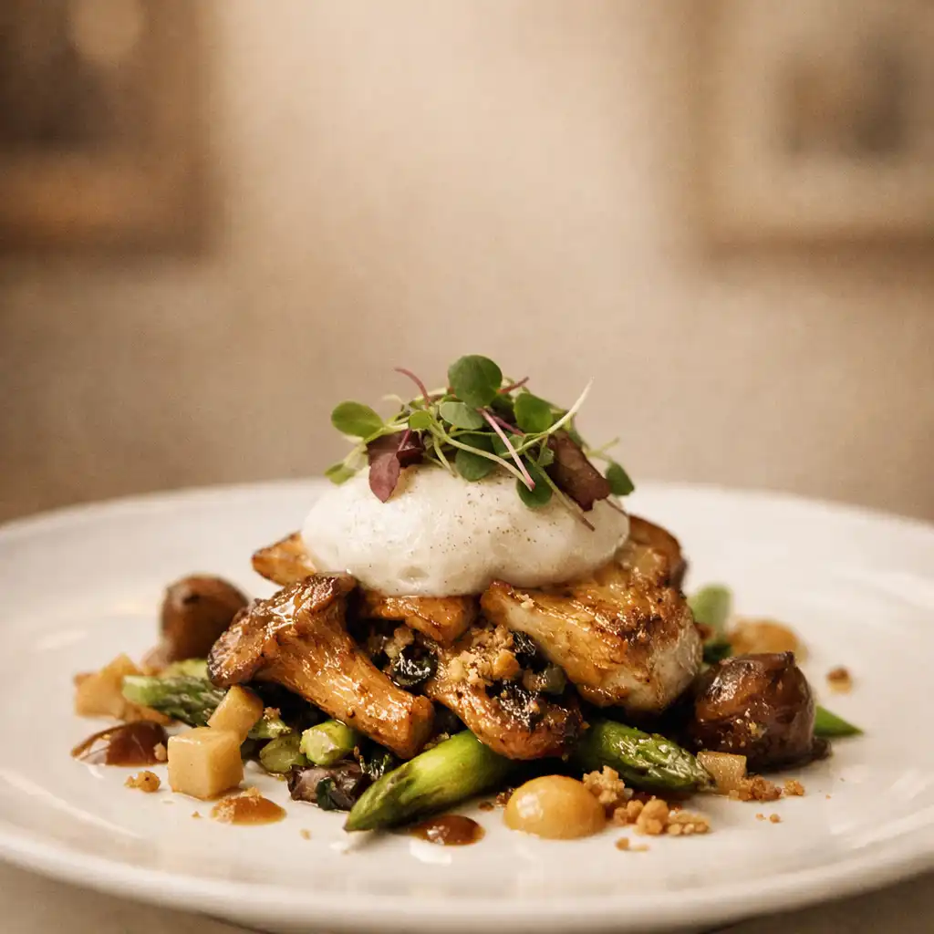 Plat gastronomique français de saison présenté sur une assiette en porcelaine blanche