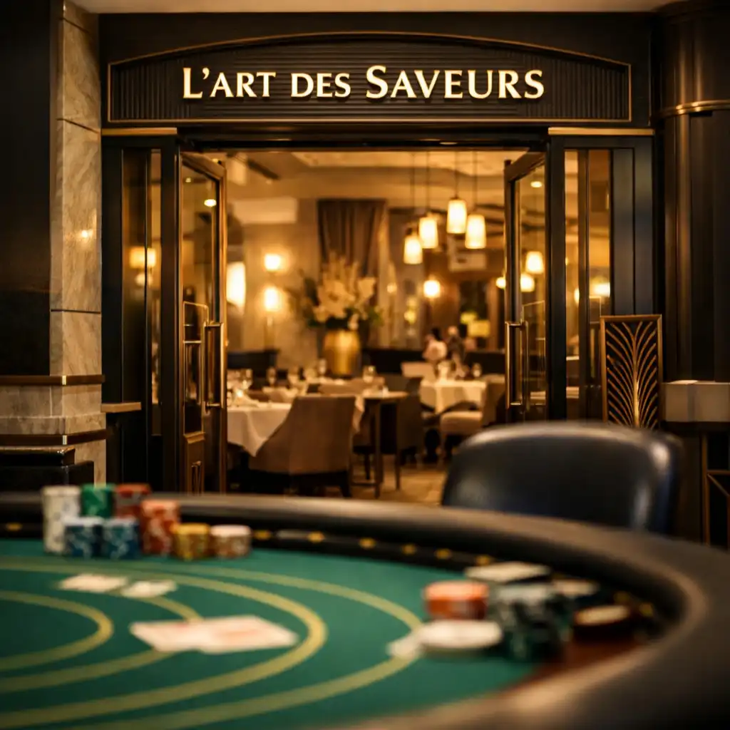 Vue d'ambiance du restaurant montrant la transition depuis le hall du casino