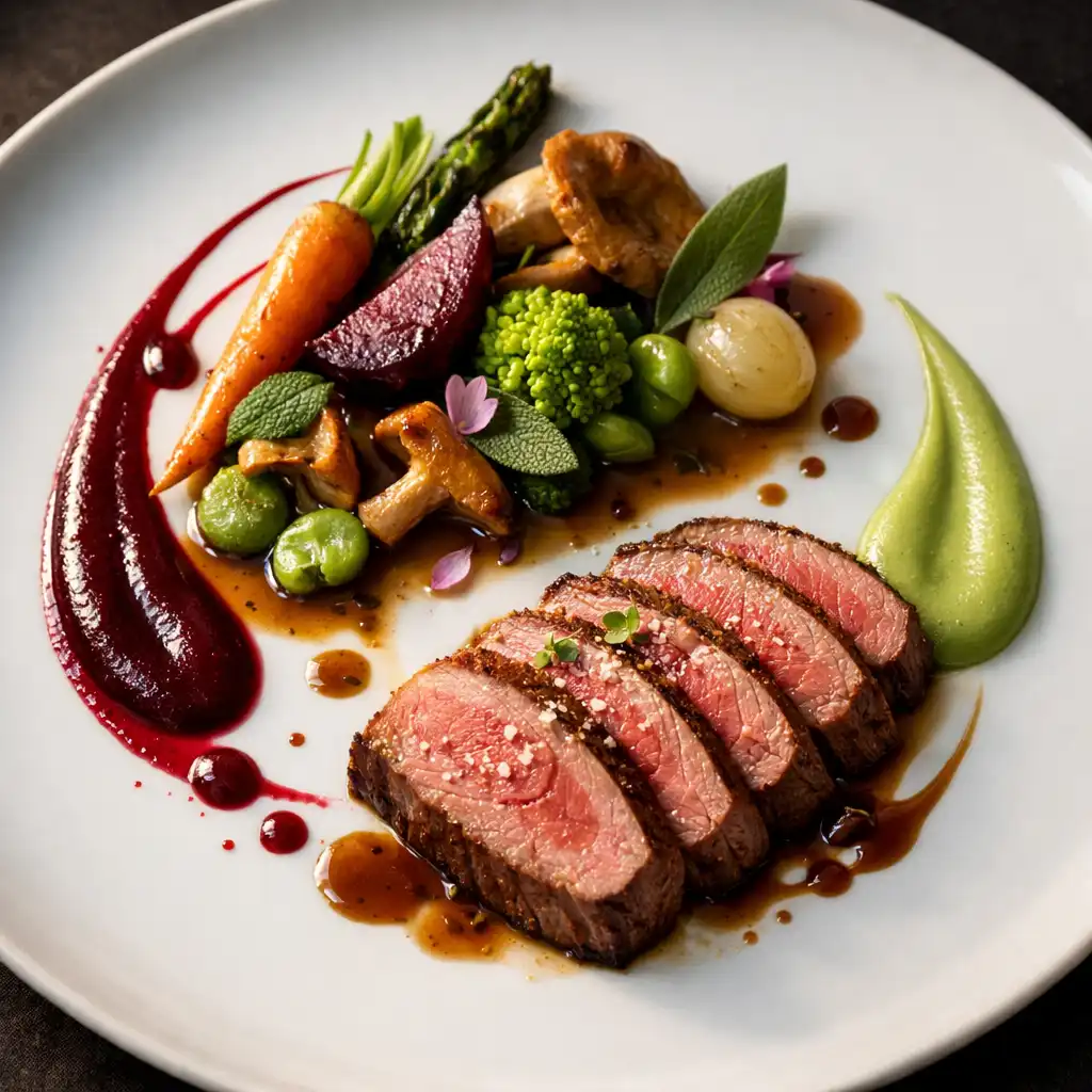 Gros plan sur un plat signature du chef, présenté sur une assiette en porcelaine blanche