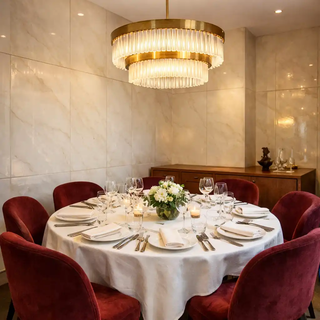 Photographie d'une salle privée du restaurant avec une table ronde dressée et des chaises en velours bordeaux