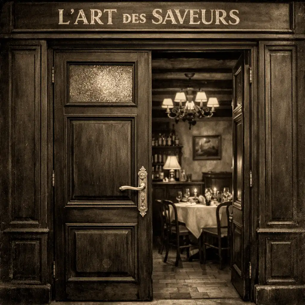 Photographie en noir et blanc légèrement sépia de l'entrée du restaurant à ses débuts
