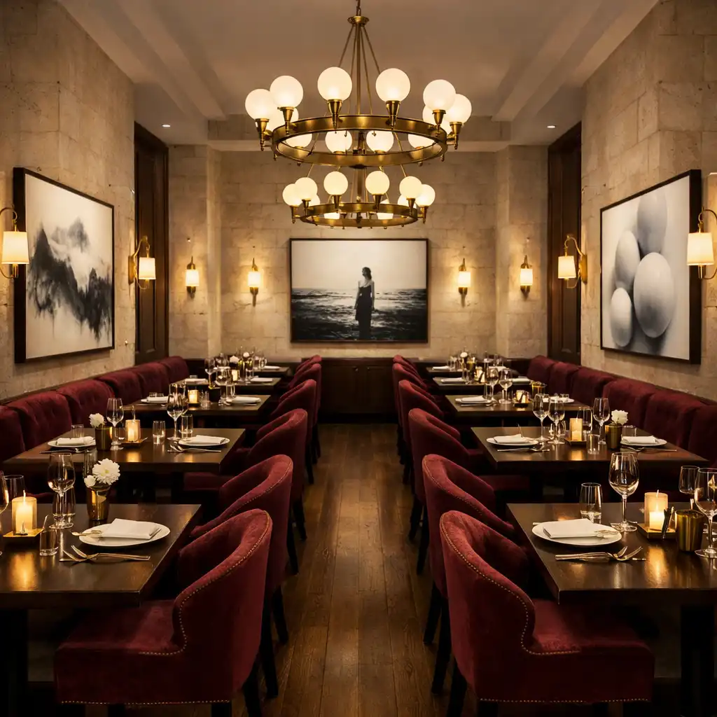 Vue de la salle principale du restaurant avec tables en bois sombre et luminaires en laiton