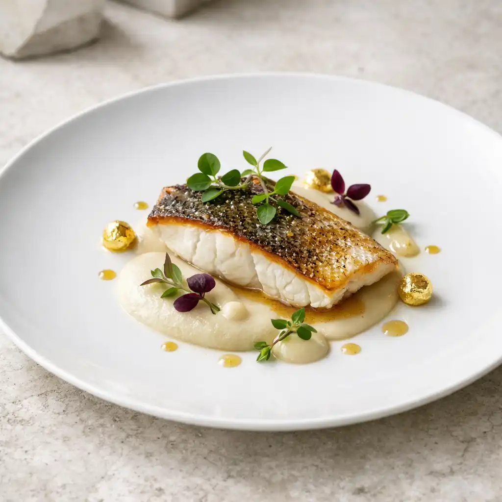 Plat signature du menu dégustation : filet de bar nacré, émulsion de topinambour et micro-pousses