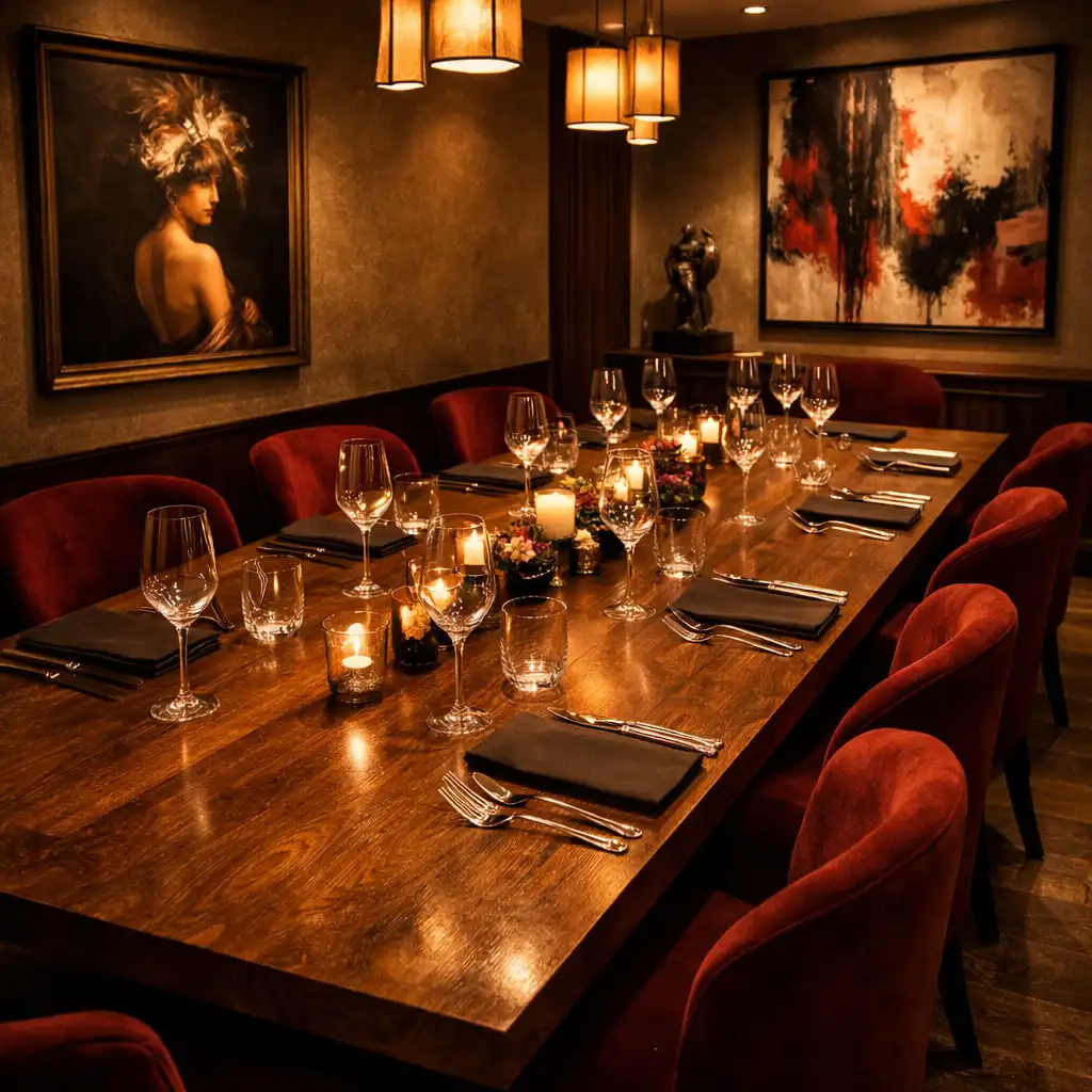 Salle privée du restaurant avec table en bois, chaises en velours bordeaux et œuvres d’art aux murs