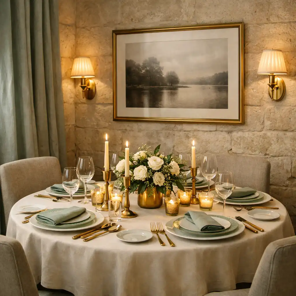 Salon privé du restaurant avec table dressée et éclairage aux bougies