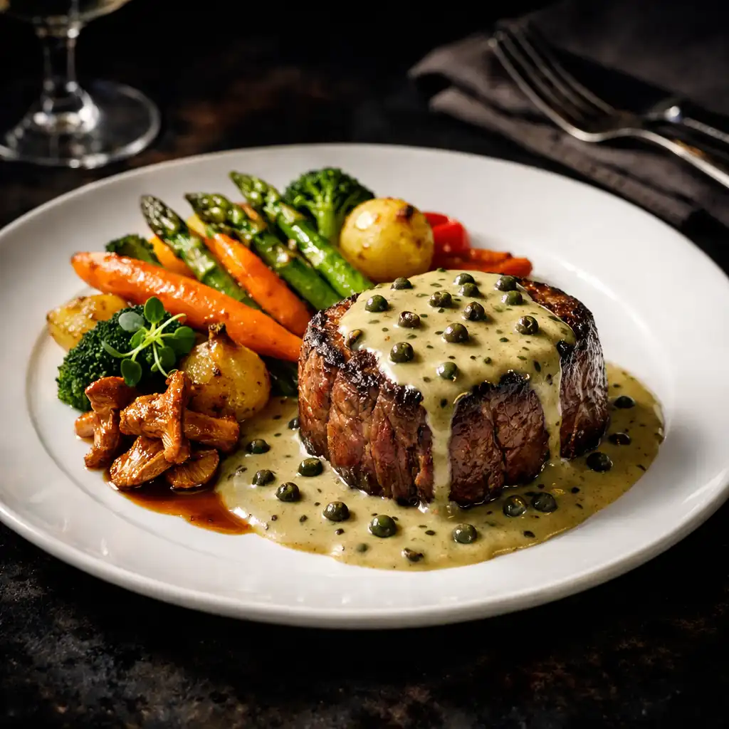 Filet de bœuf, sauce au poivre vert, légumes de saison